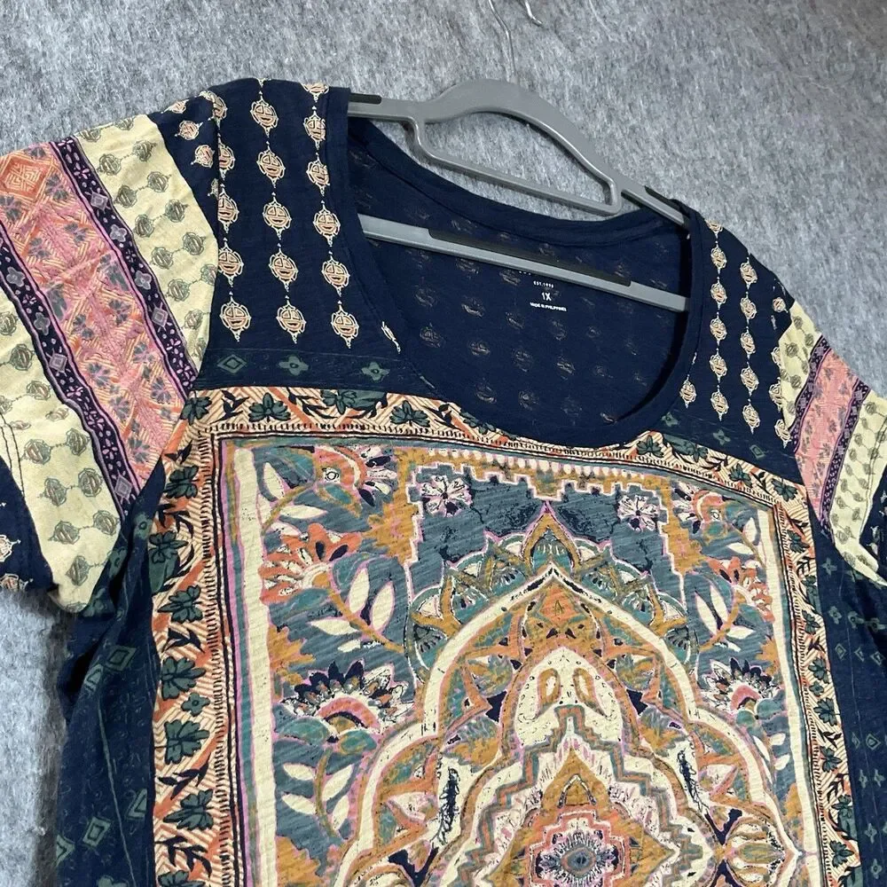 Lucky Brand Shirt Womens Plus 2X Blue Floral Short Sleeve Scoop Neck Boho Top